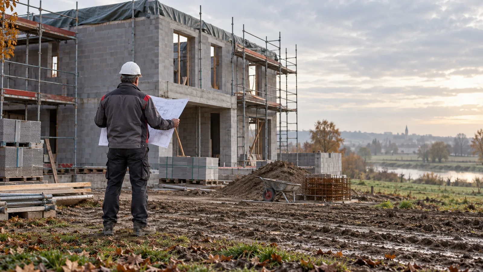 Patron maçon consultant un plan devant des murs en élévation
