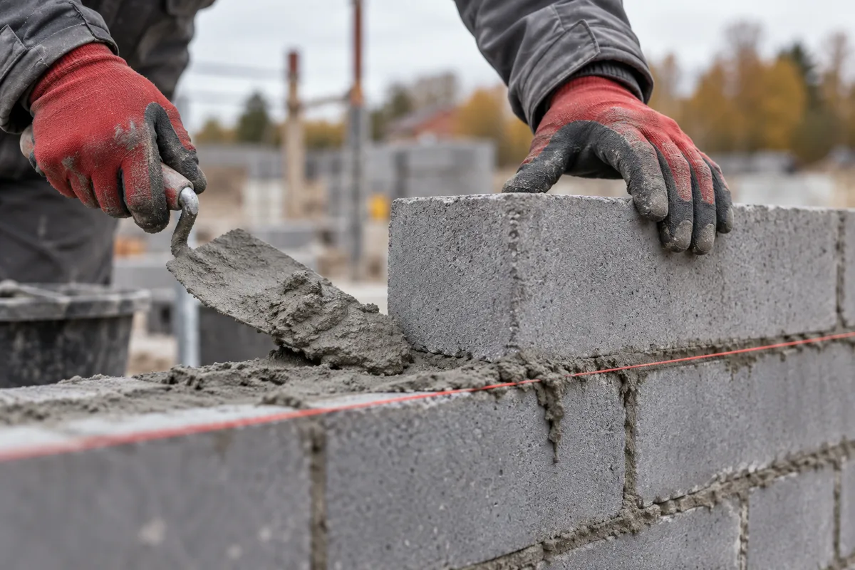 Mains guidant un bloc de béton sur son lit de mortier