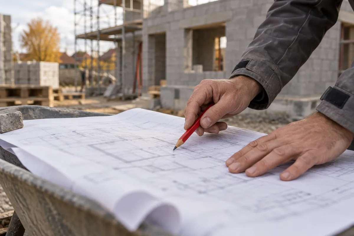 Mains pointant au crayon un plan de construction déplié
