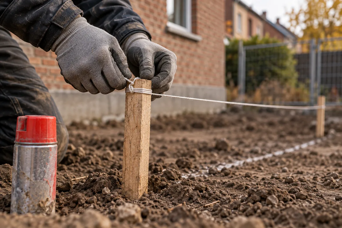 Mains tendant un cordeau autour d'un piquet d'implantation