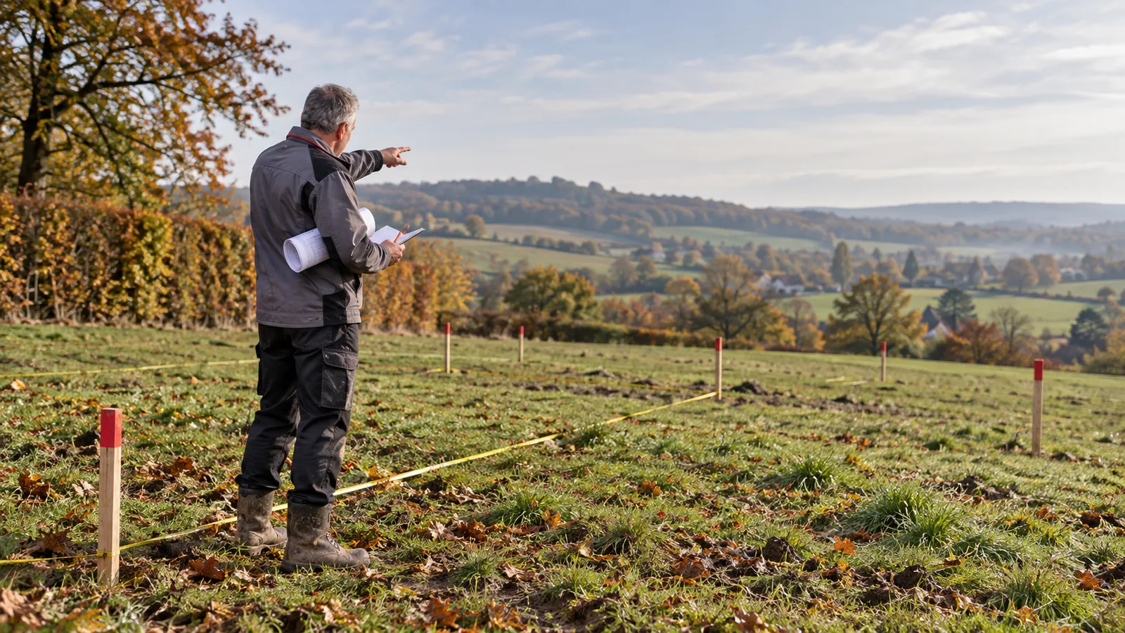 Maçon relevant les distances d'un terrain à bâtir