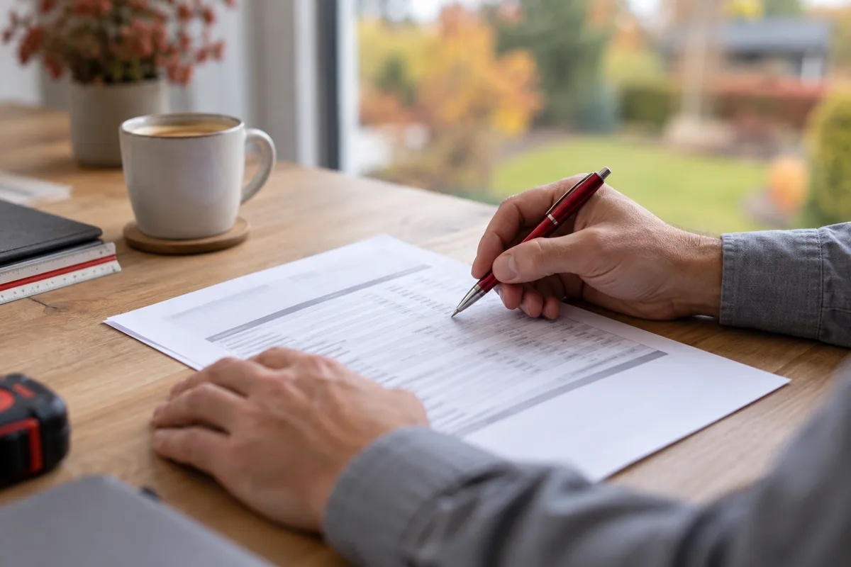 Mains parcourant au stylo les lignes d'un devis