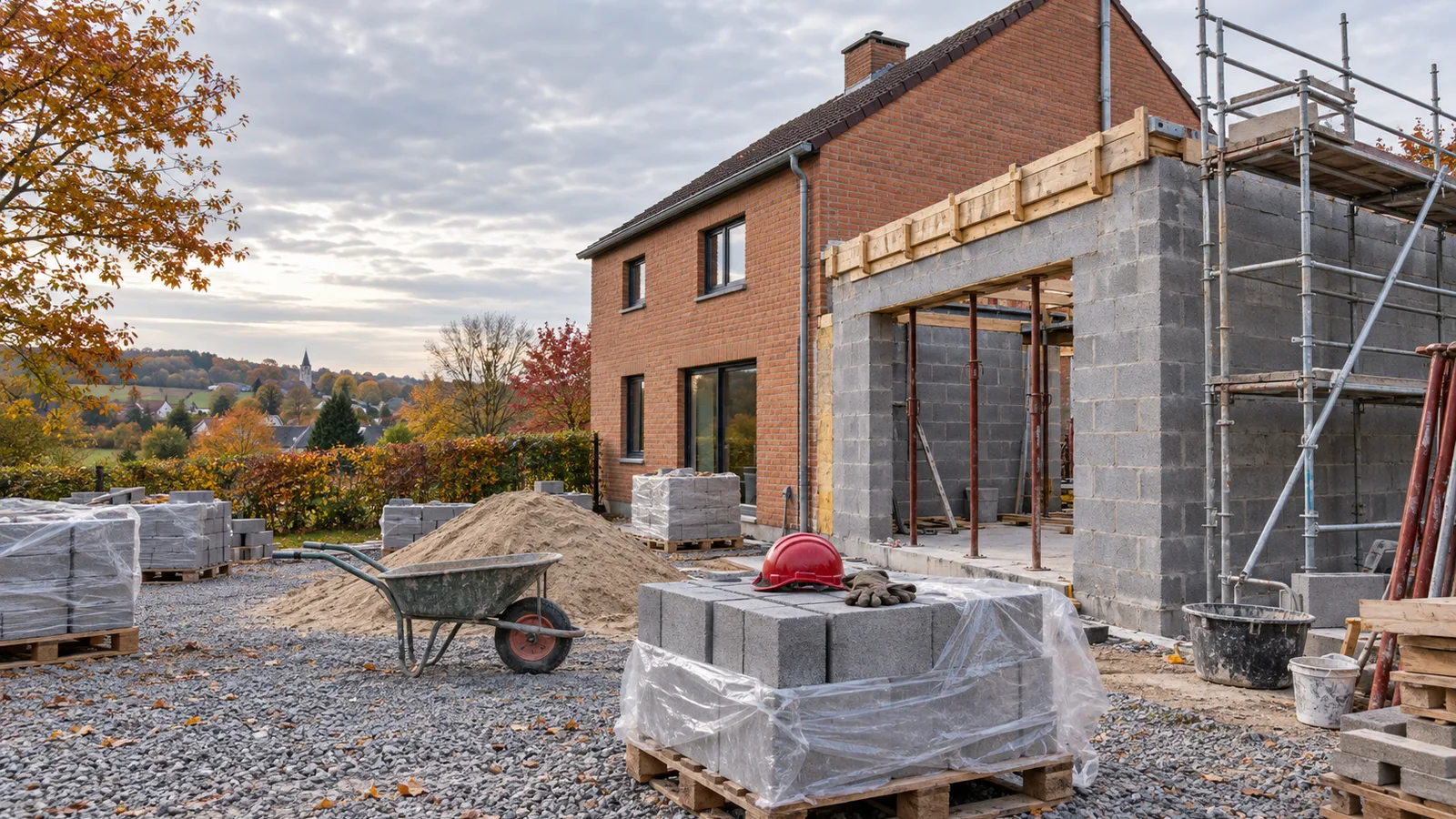 Extension en blocs raccordée à une maison en briques