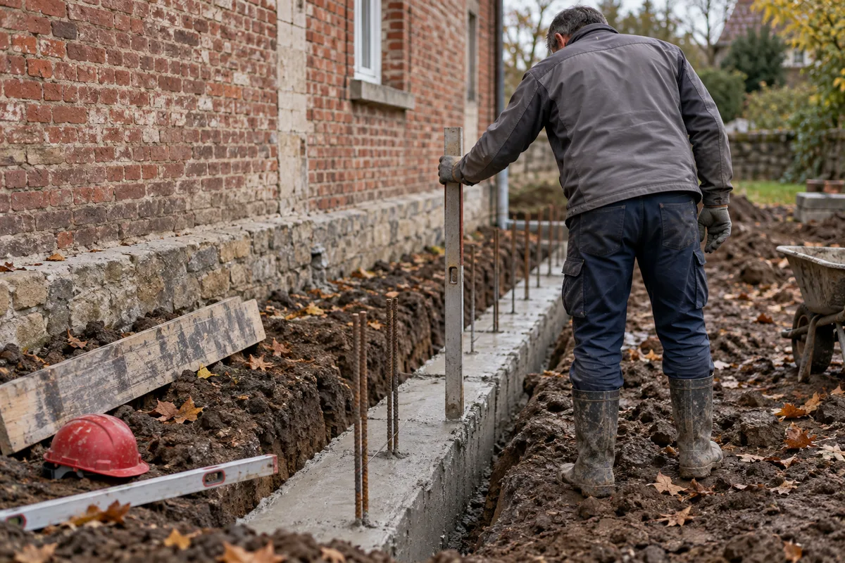 Maçon vérifiant le niveau d'une tranchée de fondation