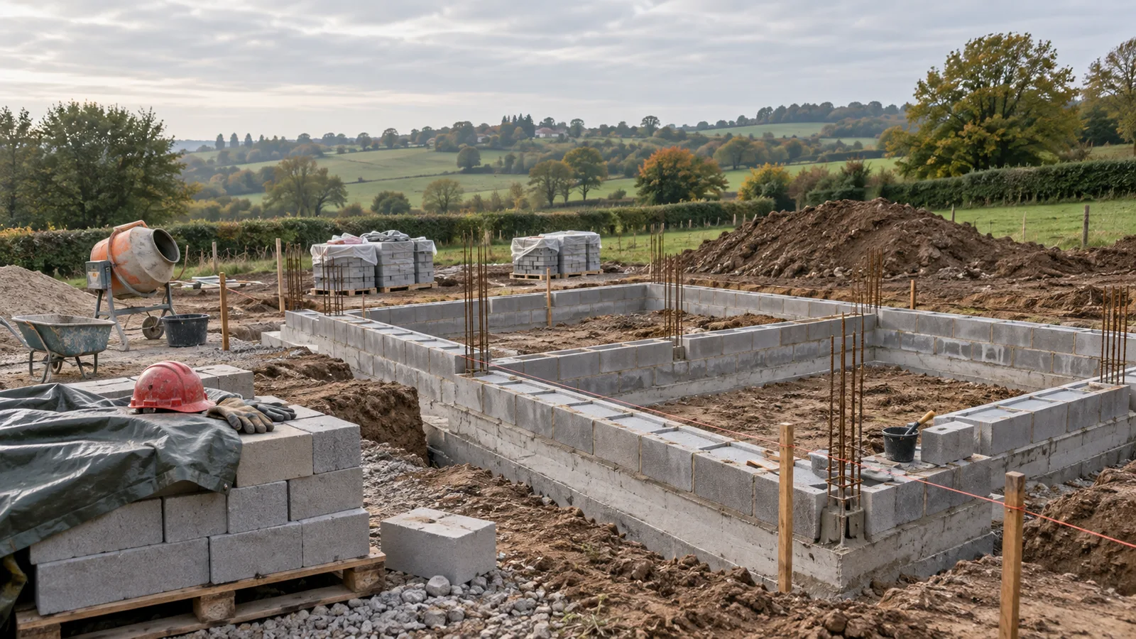 Fondations d'une maison avec premier rang de blocs posé