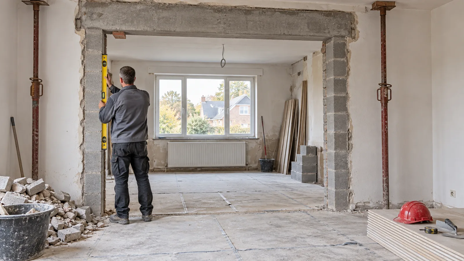 Large baie ouverte dans un mur porteur sous linteau neuf