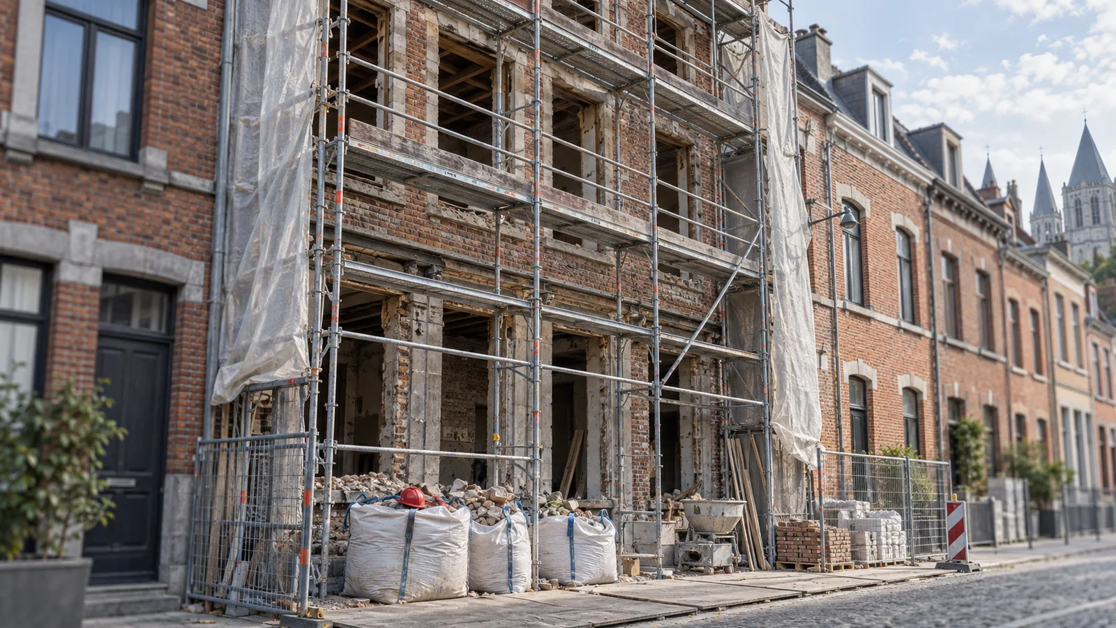 Maison de ville en rénovation derrière un échafaudage complet