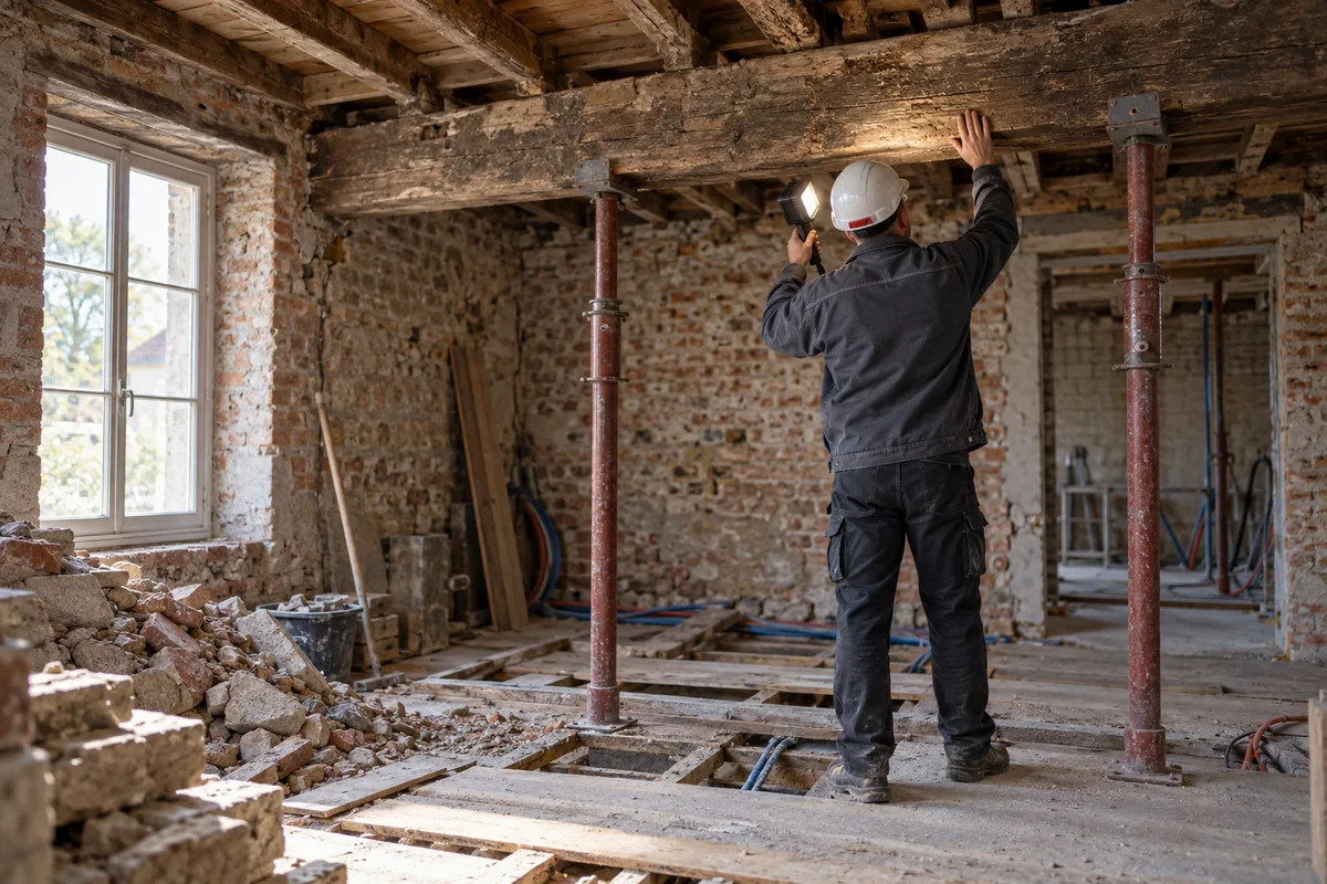 Maçon inspectant à la lampe une poutre en chêne étayée